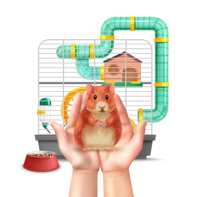 Realistic hamster composition with human hands holding cute animal and pet cage on background vector illustration