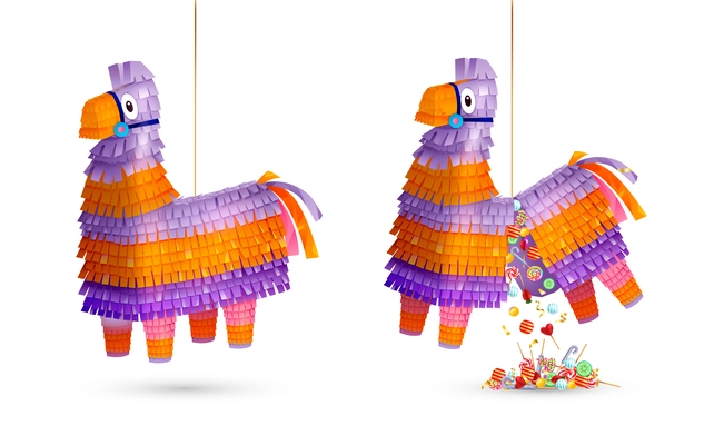 Realistic mexican pinatas in horse shape icons isolated vector illustration