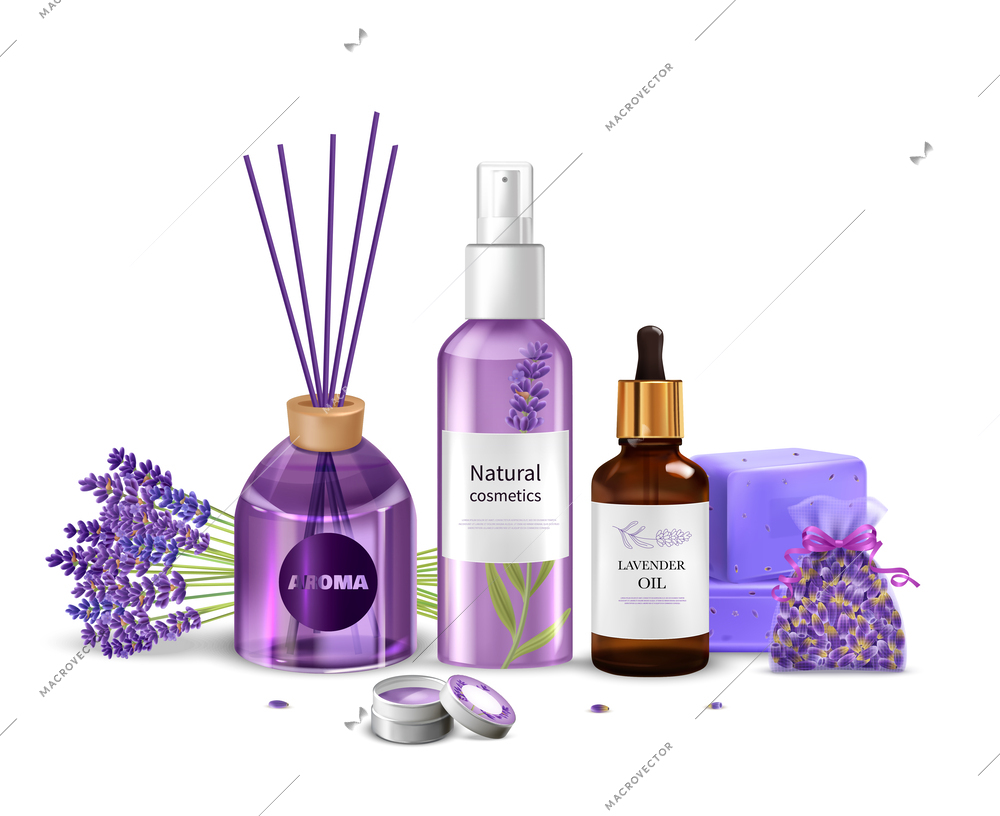 Realistic lavender product concept with cosmetics and aroma sticks vector illustration