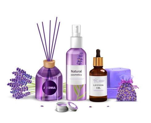 Realistic lavender product concept with cosmetics and aroma sticks vector illustration