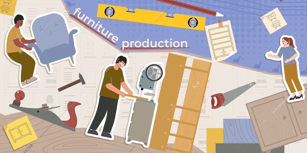 Furniture production wood composition with collage of flat human characters furniture parts tools drafts and text vector illustration