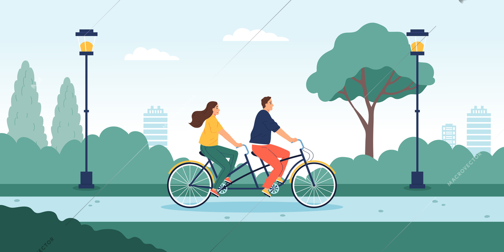 Summer city vacation flat  background with young couple riding on tandem bicycle vector illustration