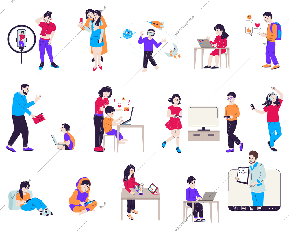 Children gadget addiction set of flat icons and isolated characters of teenage kids with adults emotions vector illustration