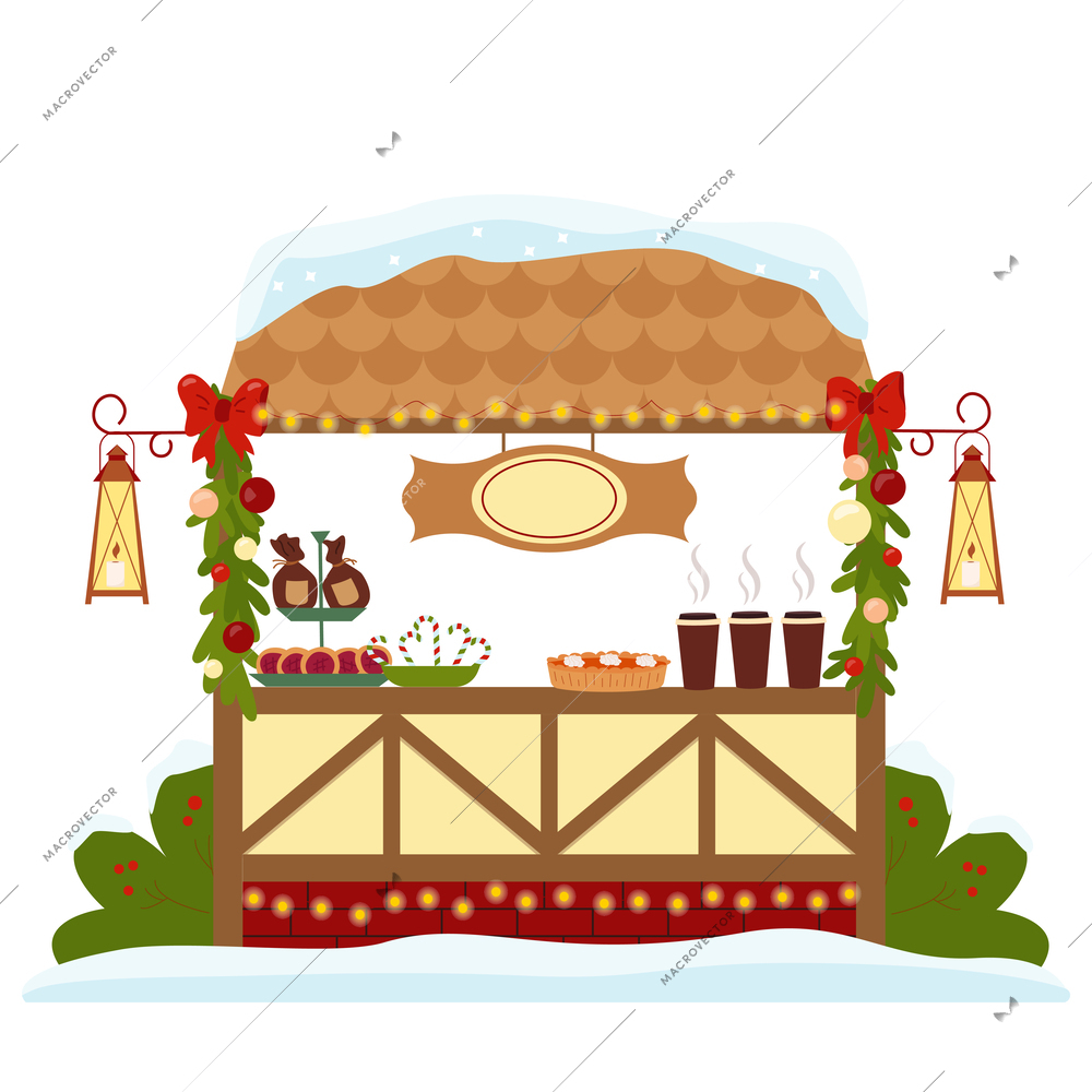 Christmas fair flat background composition with front view of market stall with sweets and steamy cups  vector illustration