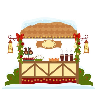 Christmas fair flat background composition with front view of market stall with sweets and steamy cups  vector illustration