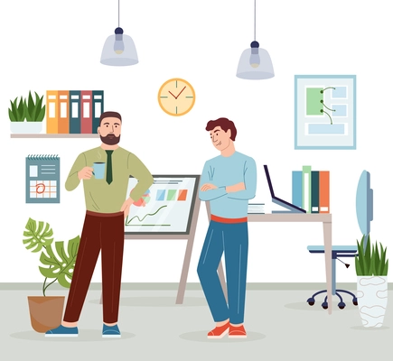 Coffee people flat composition with indoor scenery of office with two male coworkers having coffee break vector illustration