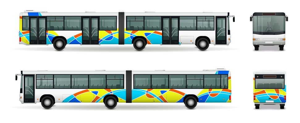 Articulated bus realistic set with city transport symbols isolated vector illustration