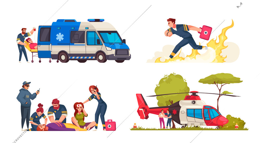 Emergency cartoon compositions set with hospital emergency professionals isolated vector illustration