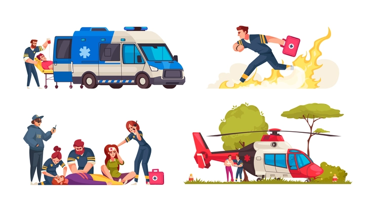 Emergency cartoon compositions set with hospital emergency professionals isolated vector illustration