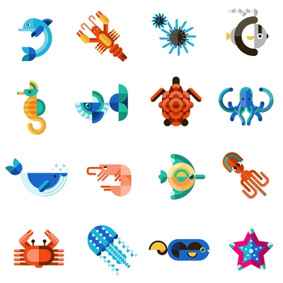 Sea creatures underwater animal life set with dolphin seahorse fish crab isolated vector illustration