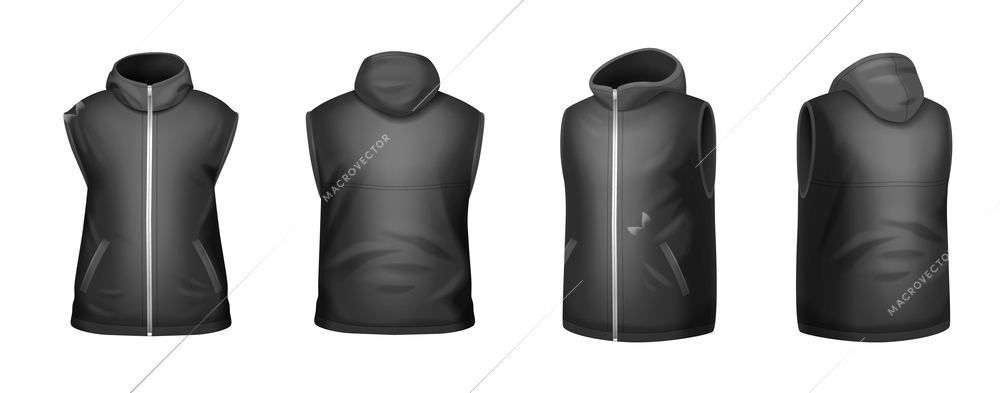 Winter waistcoat black sleeveless jacket with zip front and back views realistic set isolated vector illustration