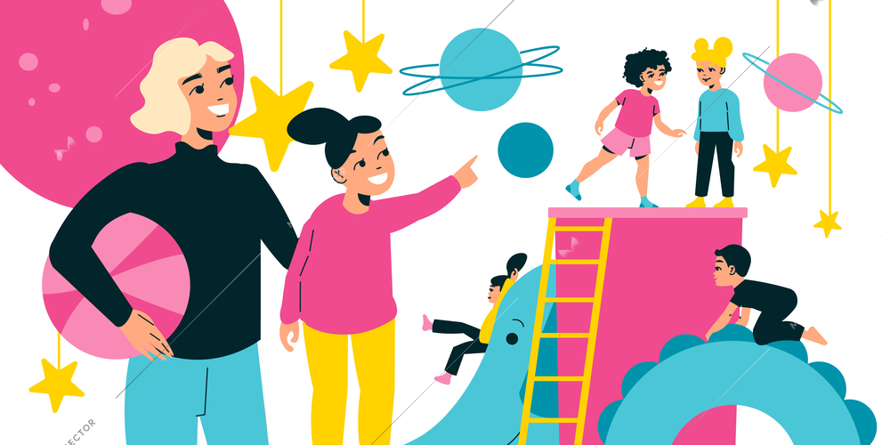 Children playroom with children composition of doodle human characters and ladders with hanging stars and planets vector illustration