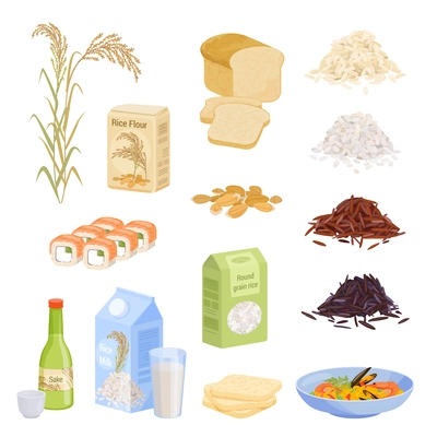 Rice products set with isolated icons and flat images of seed bread milk and sushi rolls vector illustration