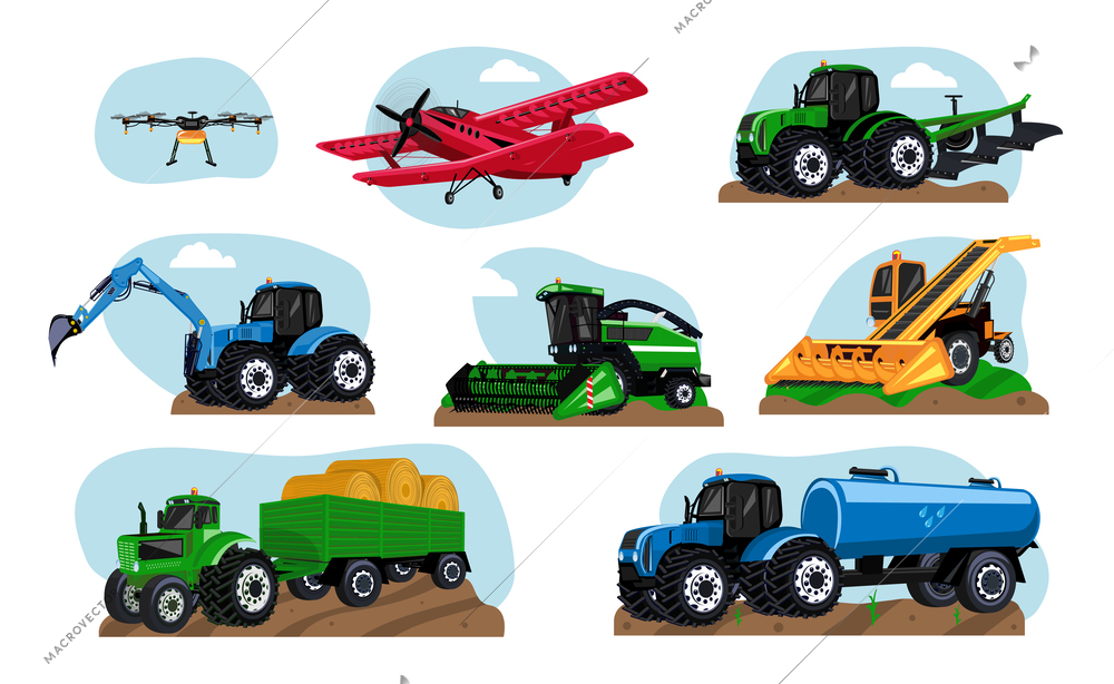 Agricultural machines transport set of flat isolated vehicles with tractors excavators and combine harvesters with airplanes vector illustration