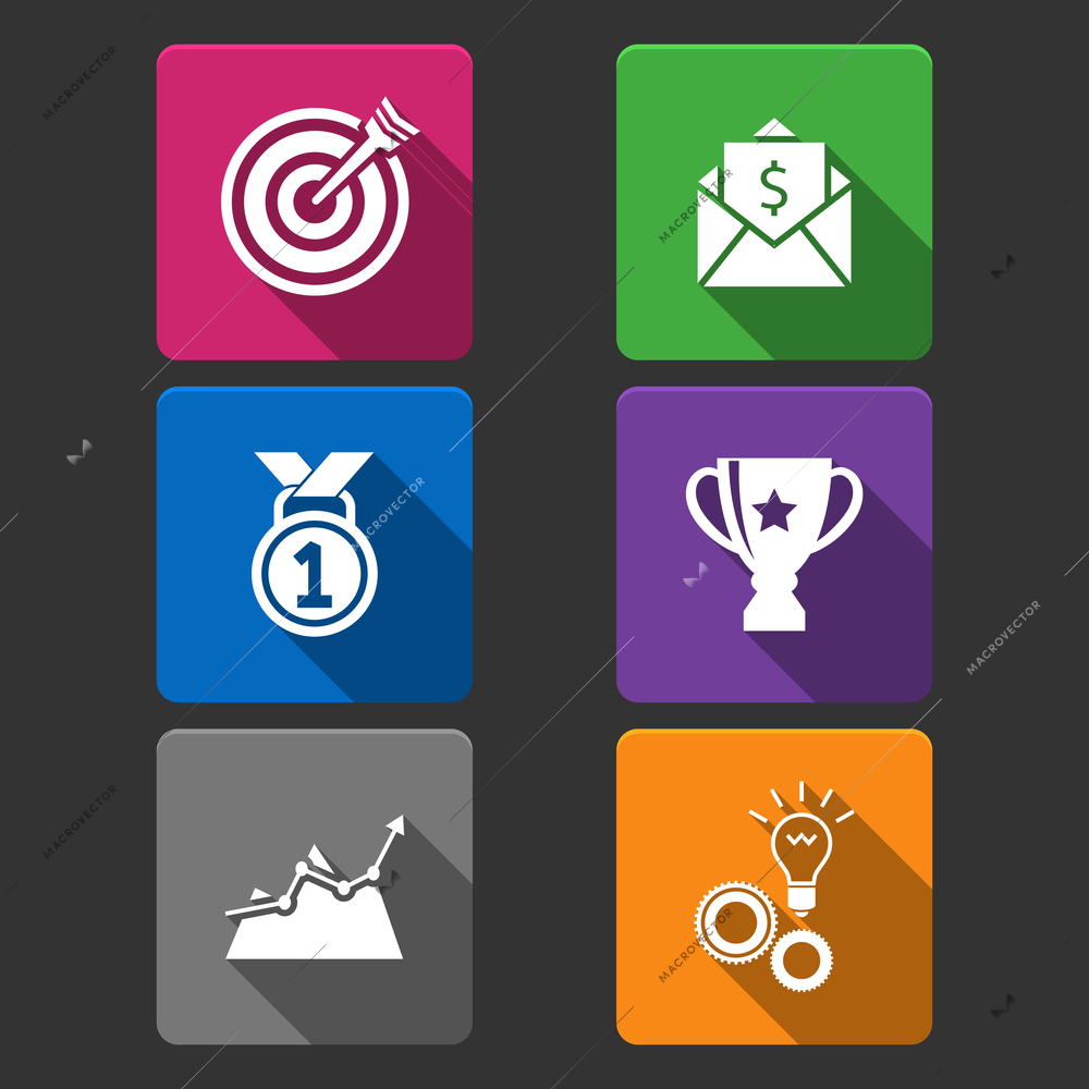 Business winner icons set of award growth graph and money prize isolated vector illustration