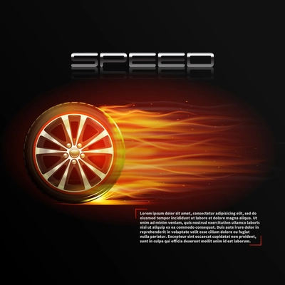 Realistic burning wheel tyre extreme auto sport speed poster vector illustration