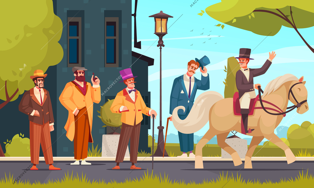 Gentlemen cartoon poster with men in old style fashionable clothes vector illustration
