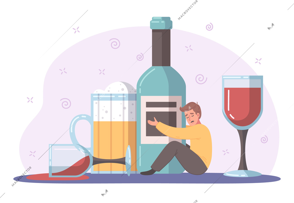 Bad habits cartoon concept with alcohol addict holding bottle vector illustration