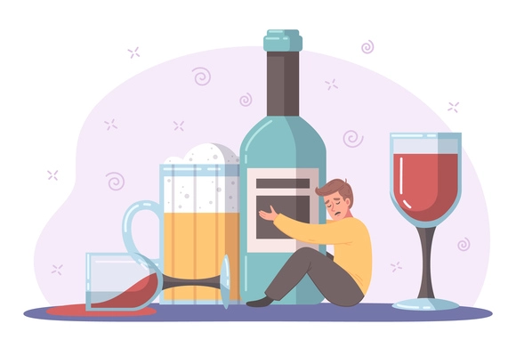 Bad habits cartoon concept with alcohol addict holding bottle vector illustration