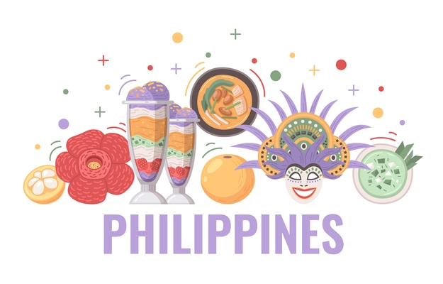 Philippines travel cartoon with traditional dishes and coctails vector illustration