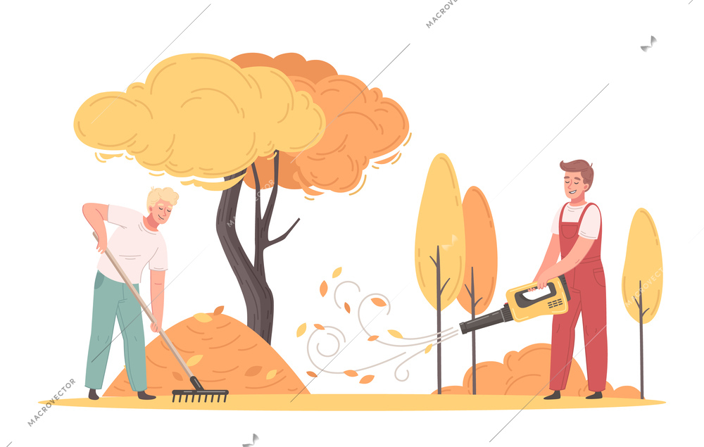 Lawn mower cartoon poster with male workers removing autumn leaves vector illustration