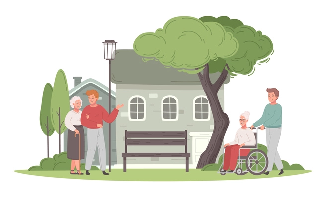 Elderly care cartoon concept with old women walking outdoors vector illustration