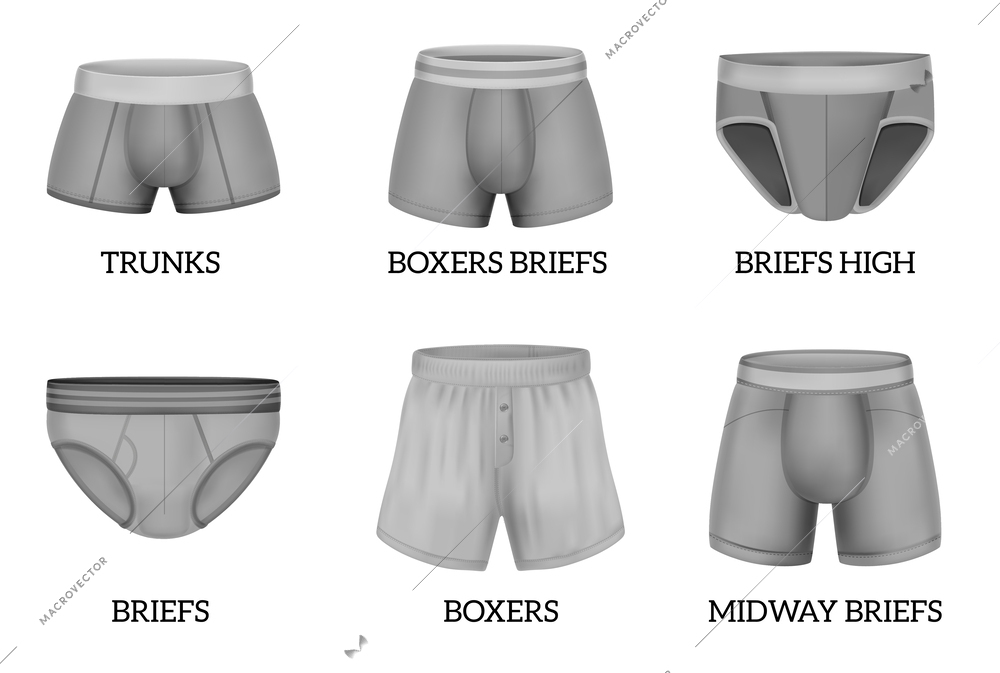 Realistic blank mens underpants set with different models isolated on white background vector illustration