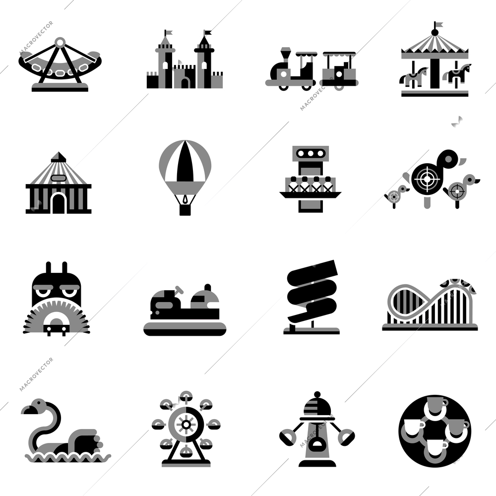 Amusement park fairground games and attractions icons black set isolated vector illustration