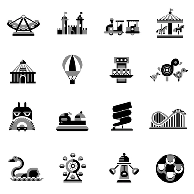 Amusement park fairground games and attractions icons black set isolated vector illustration