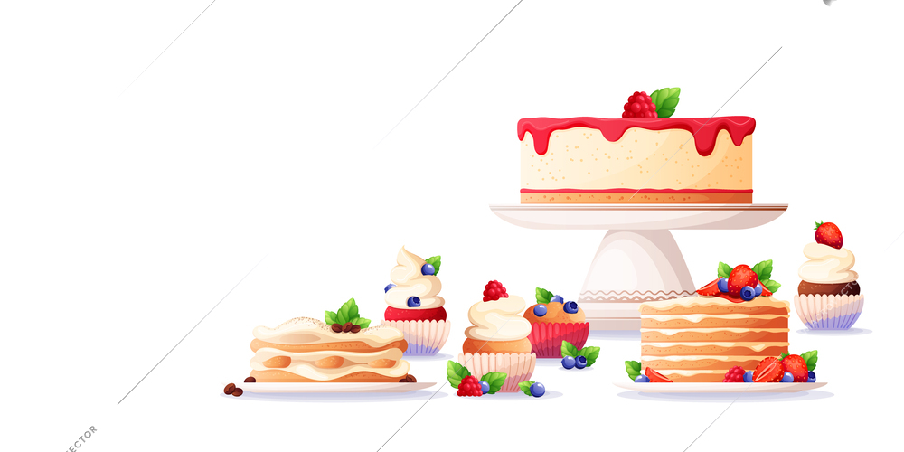 Sweet desserts with fresh berries mint leaves coffee beans cream toppings flat composition vector illustration