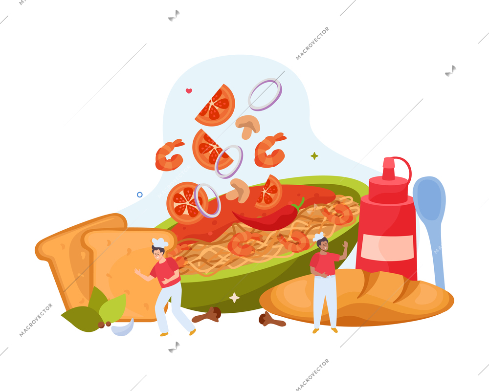 Bread and meal composition with cooking food symbols flat vector illustration