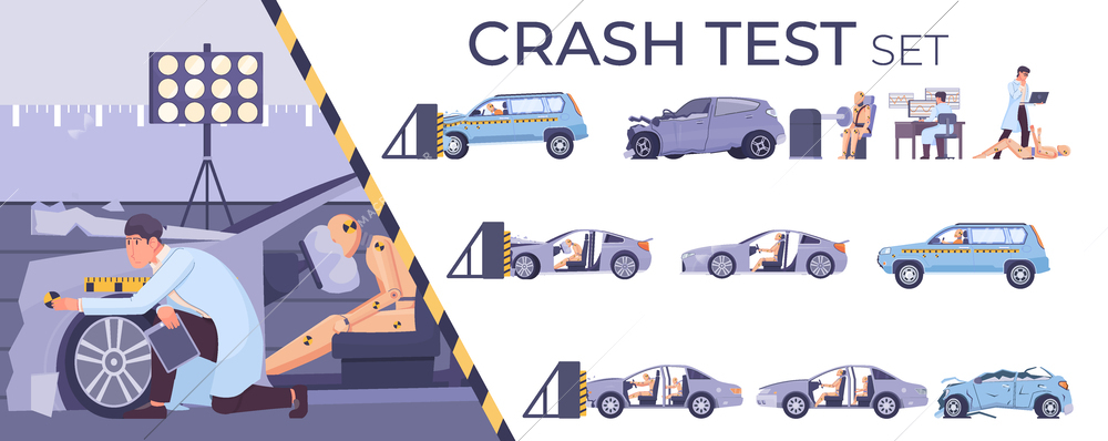 People gathering data during crash test flat composition set with dummies and smashed cars isolated vector illustration