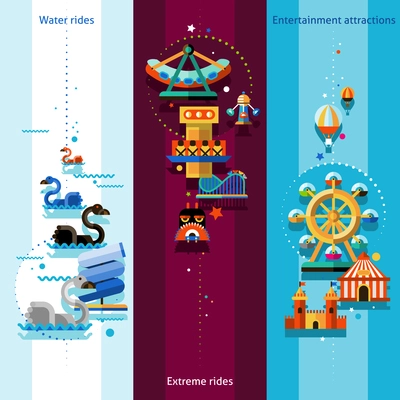 Amusement park vertical banners set with water extreme rides and entertainment attractions elements isolated vector illustration