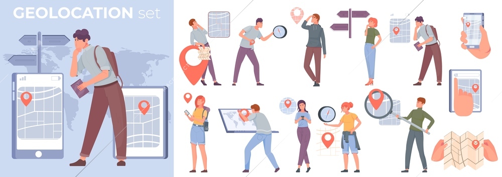 Geolocation flat set with people using online and paper maps isolated vector illustration