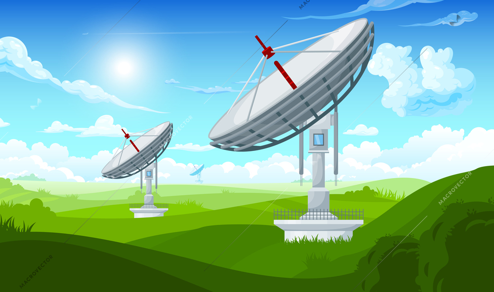 Communication towers composition with outdoor scenery sunny sky and green hills with huge 5g dish antennas vector illustration