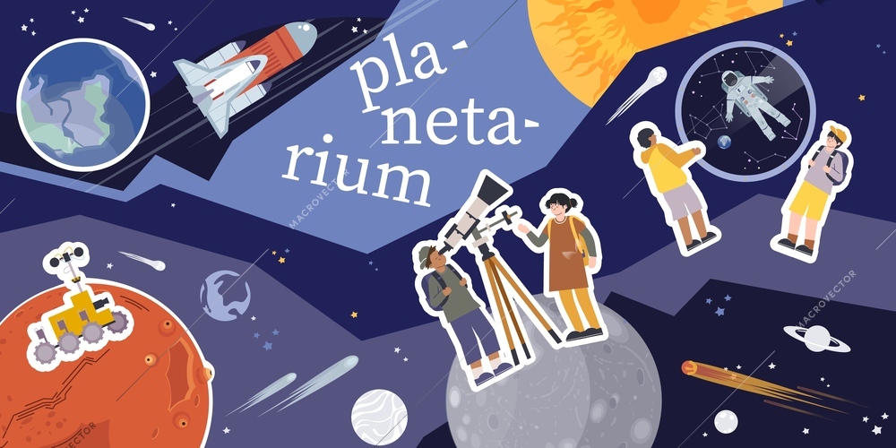 Planetarium composition with collage of flat icons with planets rockets stars and human characters with text vector illustration