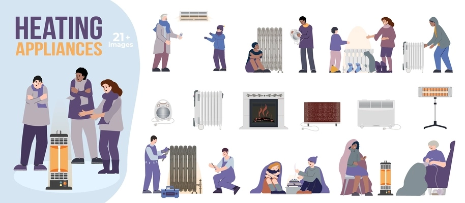 Heating appliances flat set of isolated compositions with radiator icons heater apparatus and freezing human characters vector illustration