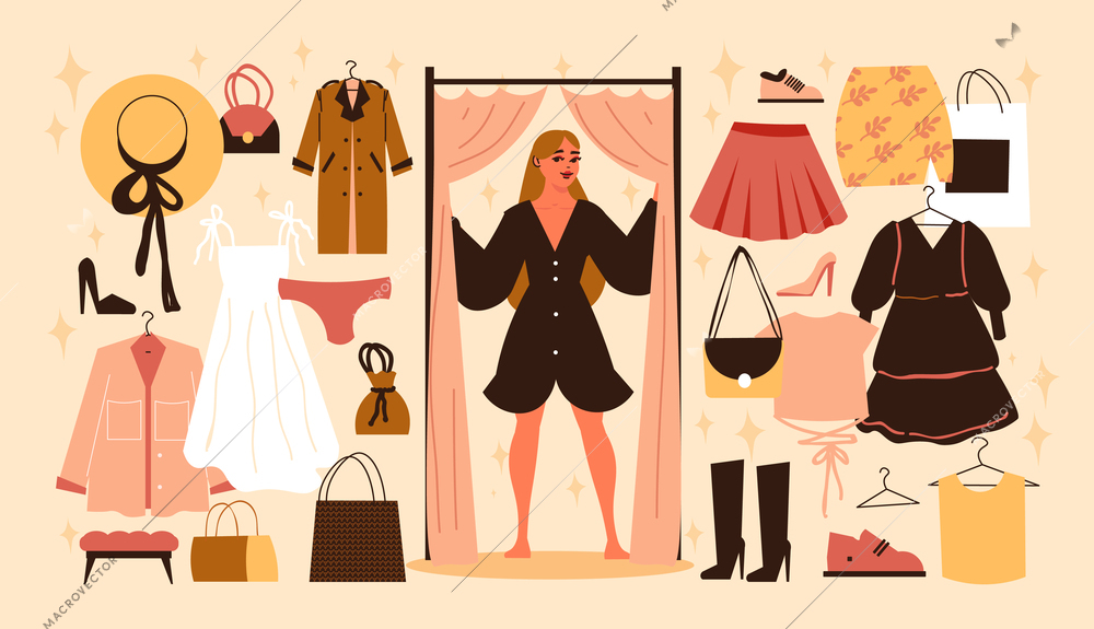 Fitting room big set with young pretty woman in fitting room and kit of clothes and accessories flat vector illustration