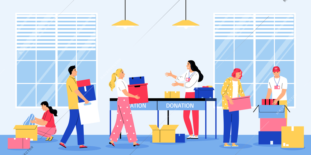 Flat charity composition with team of volunteers working with donation boxes vector illustration