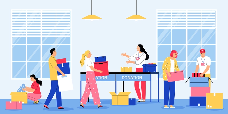 Flat charity composition with team of volunteers working with donation boxes vector illustration