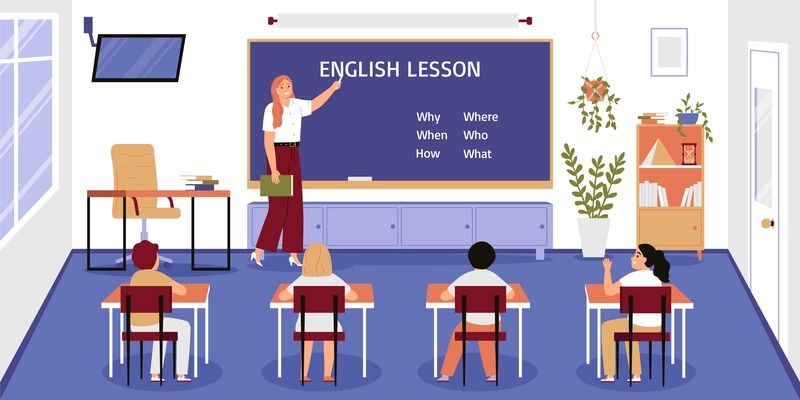 Happy young english school teacher standing at board and back view of four primary students listening to her flat vector illustration