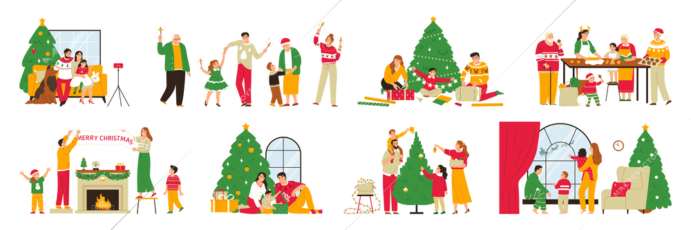 Christmas flat color set of family members cooking festive dishes decorated pine celebrating holiday together vector illustration