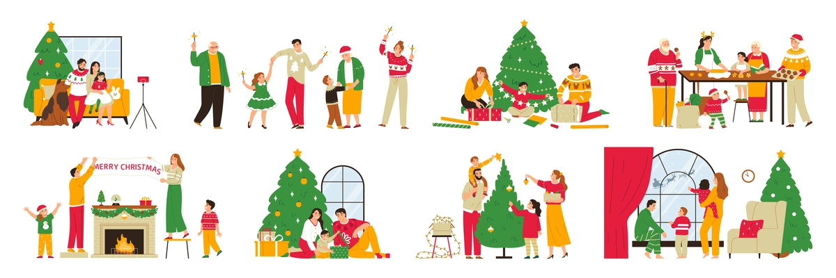 Christmas flat color set of family members cooking festive dishes decorated pine celebrating holiday together vector illustration