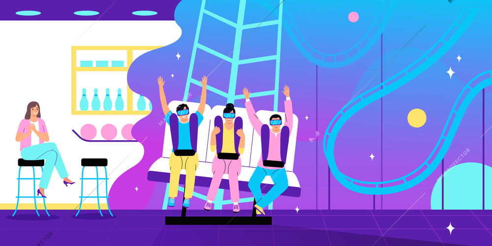 Virtual reality flat vector illustration with young people in VR glasses simulated roller coaster ride in amusement park