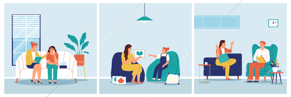 Psychology assist design concept set of three square compositions with doctors counseling patients  individual vector illustration