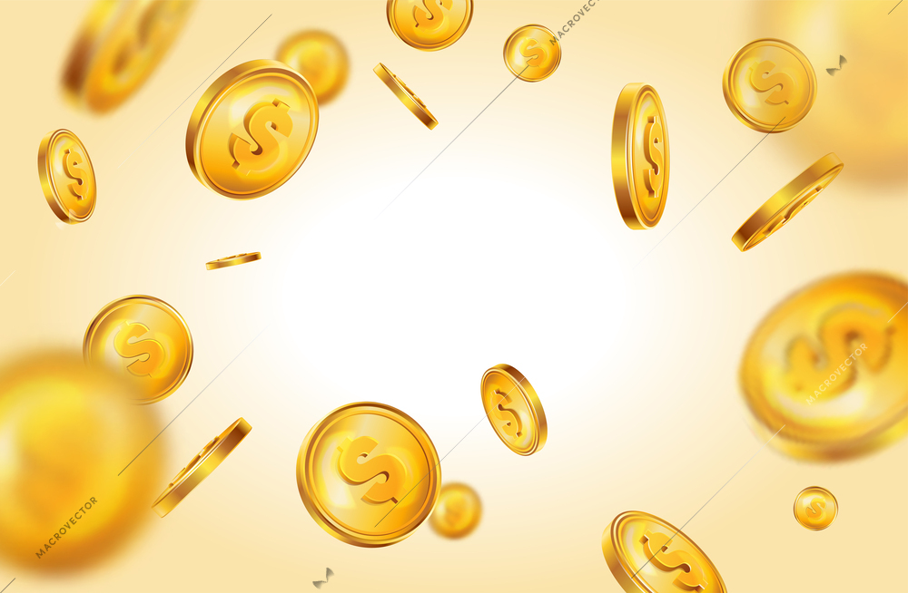 Realistic golden coins composition with bright gradient light source surrounded by flying money with dollar signs vector illustration