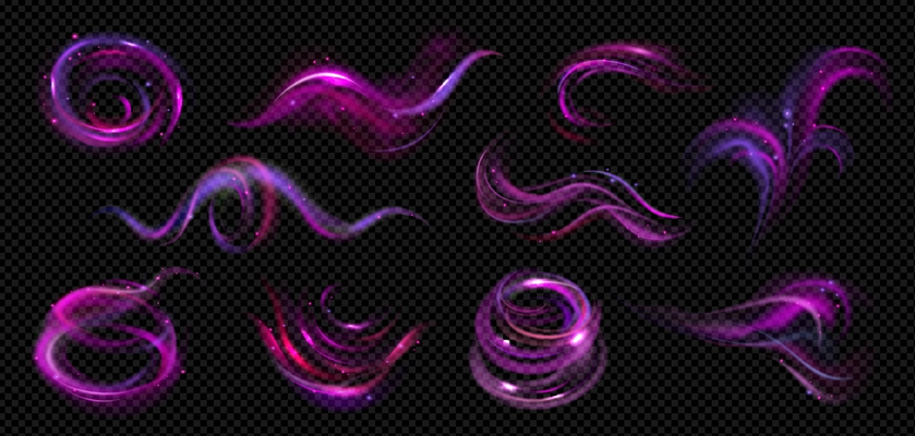 Realistic wind swirls neon color set of isolated air puffs with violet and purple colored particles vector illustration