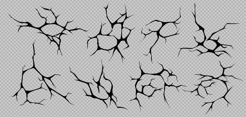 Realistic ground cracks set of black fracture images with branches of different shape on transparent background vector illustration