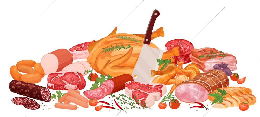 Meat products flat composition with set of various food products made with meat and greens spices vector illustration