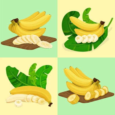 Banana flat set with four square compositions of banana bunches palm leaves and slices for serving vector illustration